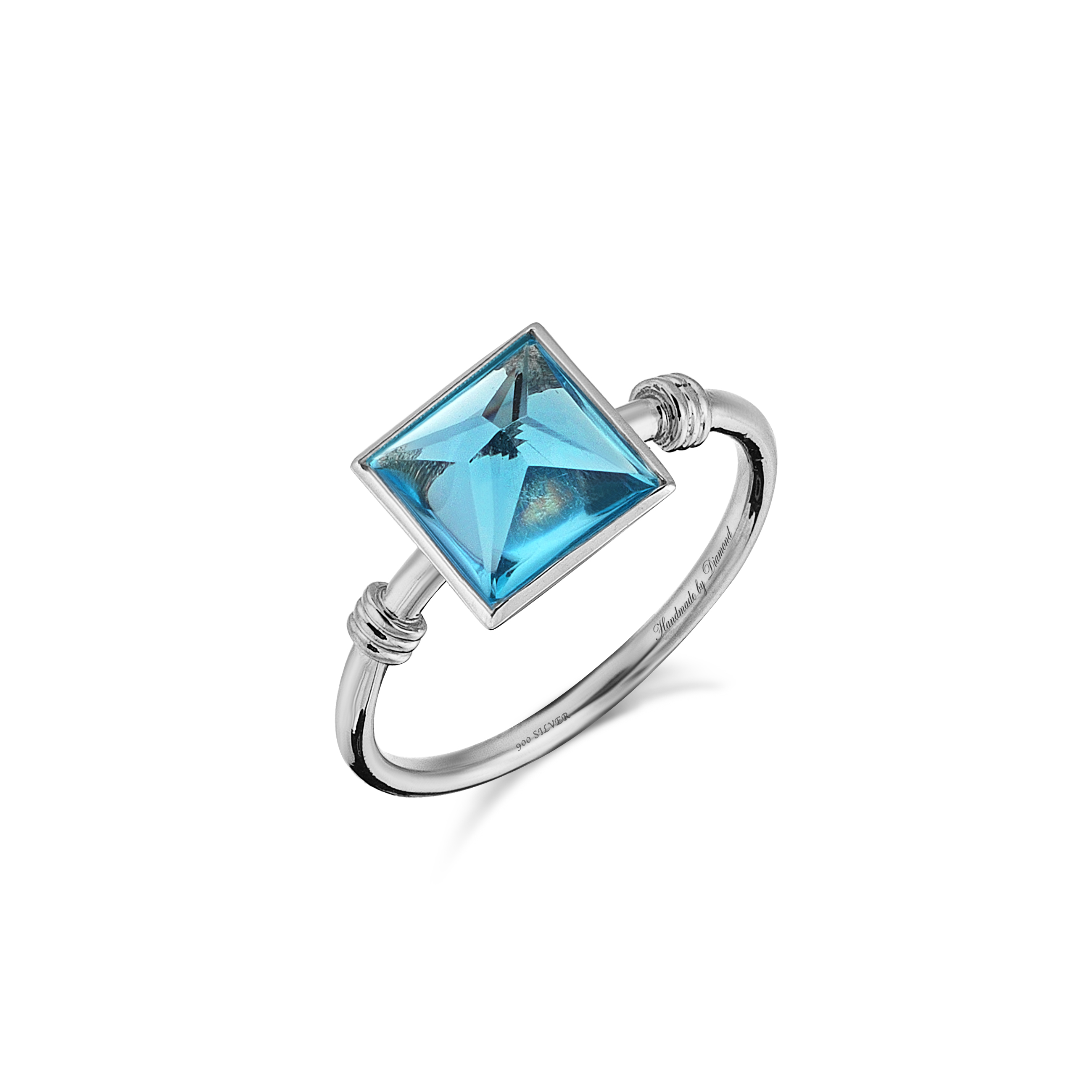 Gümüş kare mavi topaz detaylı yüzük